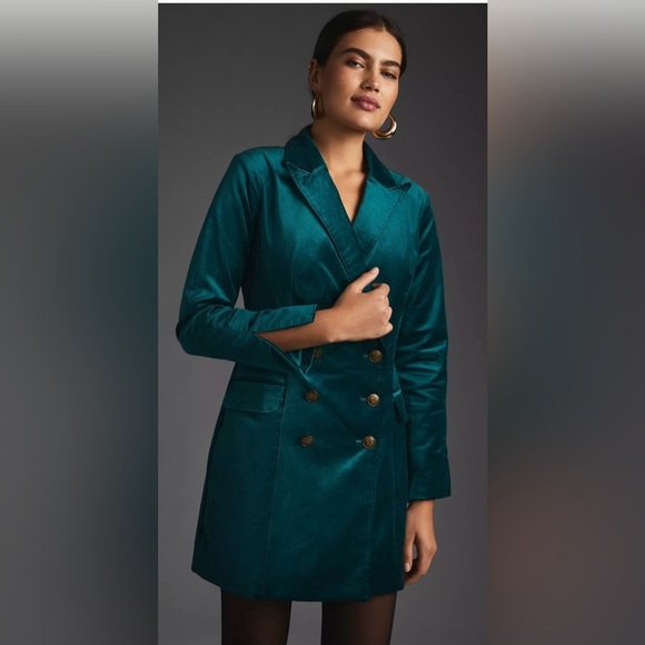 Maeve Anthropologie Teal Velvet Blazer Dress Women’s 6P Jacket Style Chic - Picture 9 of 11